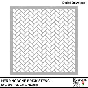 May include: A digital download of a herringbone brick stencil pattern. The stencil is in black and white and is designed for use with a cutting machine. The file formats included are SVG, EPS, PDF, DXF, and PNG.
