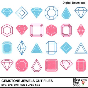 May include: A set of 18 gemstone jewel cut files in pink and blue. The files are in SVG, EPS, DXF, PNG & JPEG formats.  The text "GEMSTONE JEWELS CUT FILES" and "SVG, EPS, DXF, PNG & JPEG files" is at the bottom of the image. The text "Blossoms Digi Shop" is at the bottom right of the image with a pink flower icon.