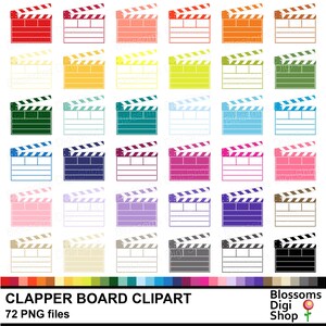 May include: A set of 72 colorful clapperboard clip art images in PNG format. Each clapperboard is a different color, including red, orange, yellow, green, blue, purple, pink, brown, gray, and black.