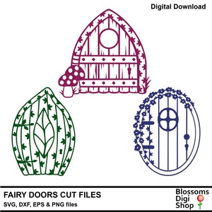 May include: Three fairy door cut files, one with a mushroom, one with vines, and one with flowers. The files are available in SVG, DXF, EPS, and PNG formats.
