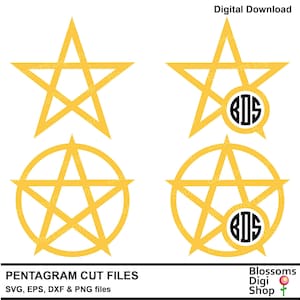 May include: Four digital cut files of a pentagram, two with a circle in the center and two without. The pentagrams are yellow and the circles are black with white text that says "GOS". The text "PENTAGRAM CUT FILES" is below the images and the text "SVG, EPS, DXF & PNG files" is below that.