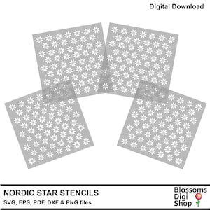 May include: Four gray digital download files for a Nordic star stencil pattern. The files are in SVG, EPS, PDF, DXF, and PNG formats. The text "Nordic Star Stencils" and "SVG, EPS, PDF, DXF & PNG files" is at the bottom of the image. The text "Digital Download" is at the top of the image. The text "Blossoms Digi Shop" is at the bottom right of the image with a red flower icon.