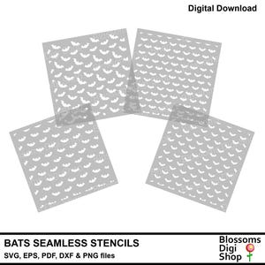 May include: Four digital download files for a seamless bat stencil pattern. The files are in SVG, EPS, PDF, DXF, and PNG formats. The image shows a grey background with white bat silhouettes.