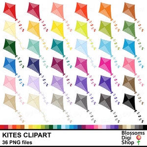 May include: A set of 36 colorful kite clipart images in various colors, including red, orange, yellow, green, blue, purple, pink, brown, gray, and black. Each kite has a polka dot pattern and a bow at the tail. The kites are arranged in rows, with the colors gradually changing from one row to the next. The text "KITES CLIPART 36 PNG files" is at the bottom of the image.