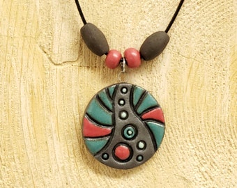 Dark Clay Ceramic Necklace with Abstract  Design, Red, Blue and Green