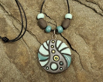 Dark Clay Ceramic Necklace with Abstract Design,  Blue and Green