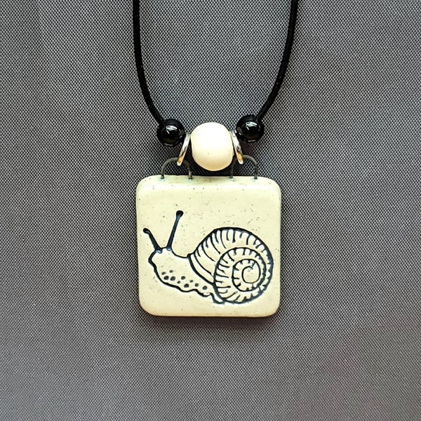 Fossil Snail Ceramic Necklace Square, Round, or Diamond Shape with Adjustable ties