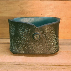 Dark Clay Button Planter with Lace Pattern Satin Green Glaze