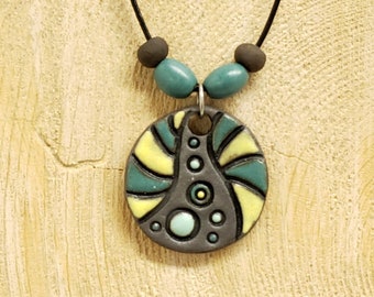 Dark Clay Ceramic Necklace with Abstract  Design, Yellow, Blue and Green