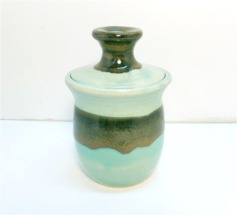 Three toned Green and Brown Ceramic Sugar Bowl or Jar image 2