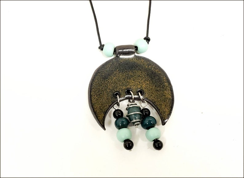 Dark green Glaze and Dangles Dark Clay Ceramic Necklace Half Moon Design With Circles