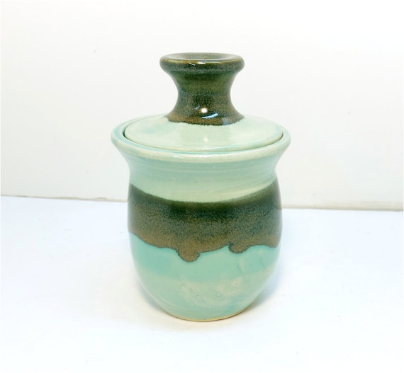 Three toned Green and Brown Ceramic Sugar Bowl or Jar