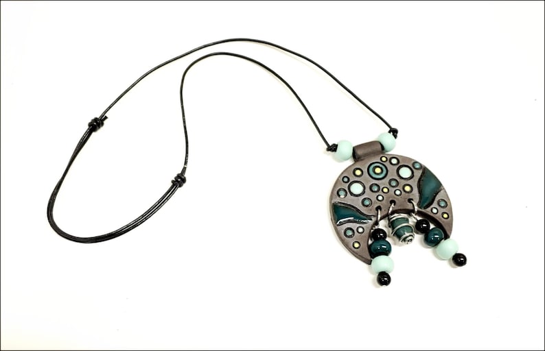 Dark green Glaze and Dangles Dark Clay Ceramic Necklace Half Moon Design With Circles