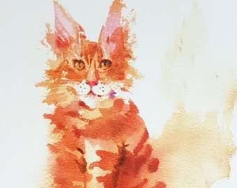 Animal illustration Red cat watercolor print Maine coon cat postcard A5 Animal print Cat print