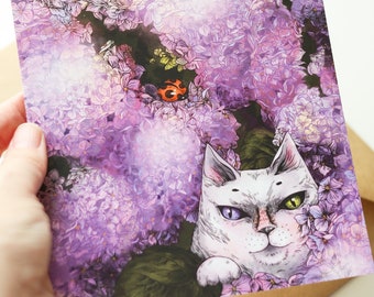 Flower cat card hydrangea print White cat postcard A5