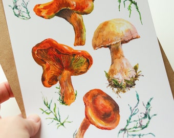 Mushroom art card Watercolor nature postcards Forest treasures Cottagecore postcards