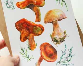 Cartolina d'arte sui funghi Cartoline sulla natura con acquerelli Cartoline sui tesori della foresta Cartoline Cottagecore