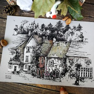 Cottage drawing House illustration English countryside original landscape art graphic