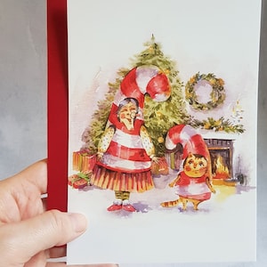 Jolie carte de chat en sucre d'orge, carte de chat de Noël, carte postale aquarelle, carte de chat drôle
