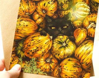Pumpkin cat postcard Black cat Halloween card