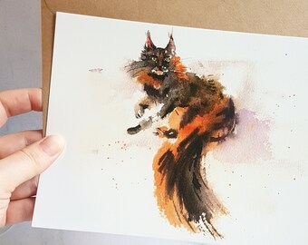 Tortie cat watercolor postcard Maine coon cat postcard A5