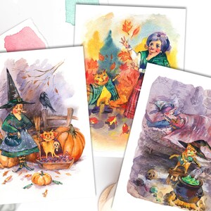 Conjunto de 3 tarjetas divertidas de gato Tarjeta de gato de Halloween Postal de acuarela con sobre