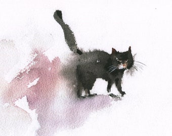 Black cat poster bad portrait animal illustration Watercolor print Small wall art Cat lover gift