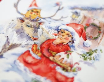 Mrs. Claus postcard Christmas cat card Santa reindeer watercolor postcard Funny cat card