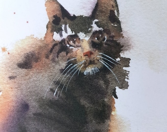 Bad portrait Maine coon cat Tabby cat Watercolor print Cat with a human face