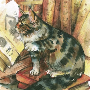 Lesende Katzen Aquarell Druck Lustige Katze und Buch, Illustration fürs Kinderzimmer