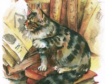 Reading cats Watercolor print Funny cat reading a book Cat print Nursery decor Animal illustration