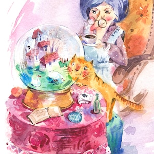 Biglietto della nonna Biglietto del gatto divertente Stampa del gatto ad acquerello Cartolina illustrata Biglietto con sfera di cristallo