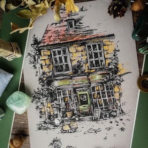 House illustration Cottage drawing English countryside Ink drawing Graphic landscape Monochrome wall art