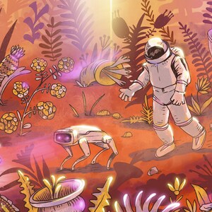 Karta Marsa Poznaj Marsa pocztówka A5 Ilustracja kosmosu Życie na Marsie prezent dla astronauty