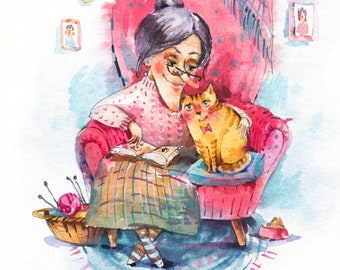 Cute grandma cat watercolor postcard Funny cat card Cat postcard