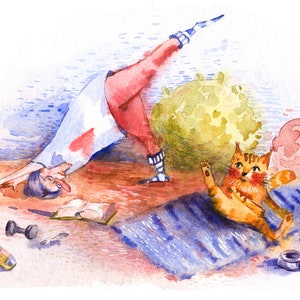 Carte postale aquarelle yoga Carte de yoga chat Carte de santé Carte de chat drôle