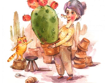 Cactus postcard Watercolor postcard Funny cat card