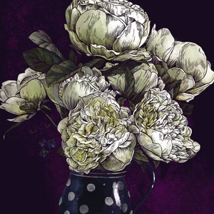 Biglietto con vaso di fiori bianchi Bouquet di peonie Biglietto per la mamma cartolina A5