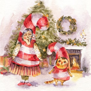 Jolie carte de chat en sucre d'orge, carte de chat de Noël, carte postale aquarelle, carte de chat drôle
