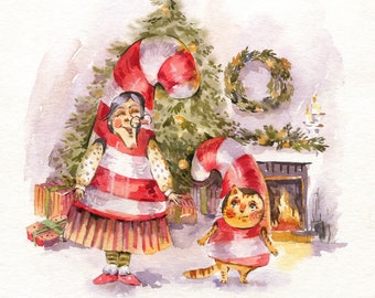 Funny Christmas Cat Watercolor Card: Candy Cane Postcard