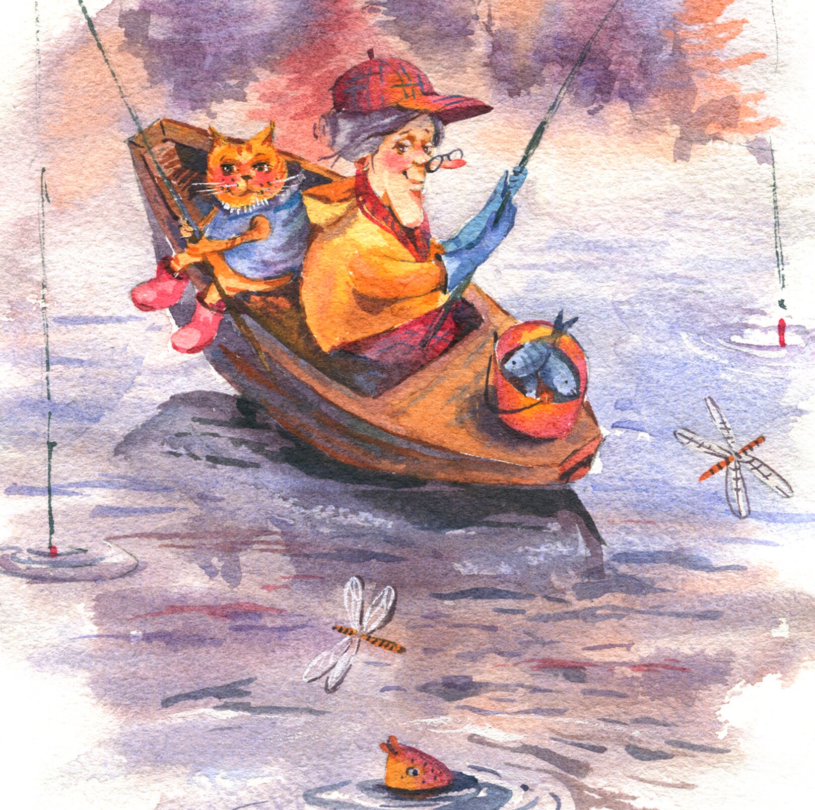 Funny Cat Fishing Watercolor Art Postcard - Fisherwoman Gift