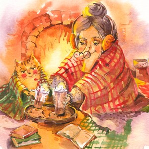 Carte de voeux chaleureuse, carte de chat confortable, carte de chat de Noël, carte postale aquarelle