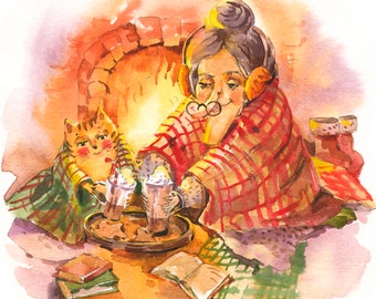 Christmas Cat Watercolor Postcard: Cozy Fireplace Art Card