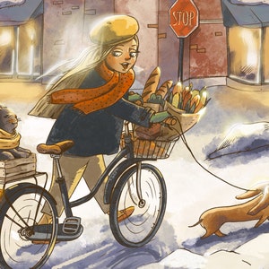 Carte postale vélo illustration fille Carte ville la nuit Carte postale carrée Carte animaux mignons Carte de voeux femme