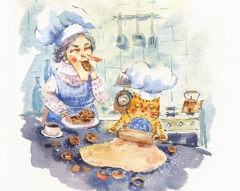 Baking cat watercolor postcard Funny cat card for grandma Funny chef cat