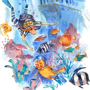 Under the sea print Cat greeting card Birthday cat card Cute cat card