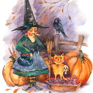 面白いハロウィンカード 水彩絵の具のポストカード カボチャ猫のポストカード