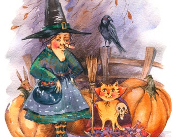 Funny Halloween card Watercolor postcard Pumpkin cat postcard