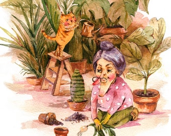 Grandma postcard Houseplant cat watercolor postcard Funny cat card Comforting card