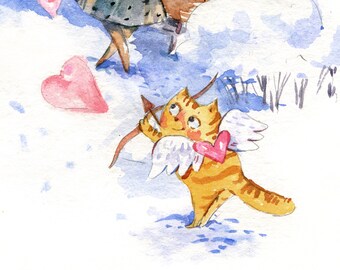 Funny Cat Love Card: Watercolor Old Couple Postcard